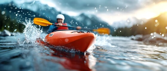 Adventurous kayaker paddling through intense rapids powerful water splashes creating dynamic movement and adrenaline fueled outdoor adventure  Challenging whitewater river with speed skill