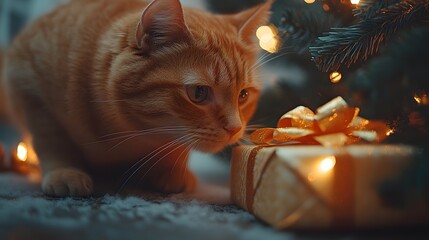 Cat playing with gift ribbon under Christmas tree, wrapped presents, soft holiday lights