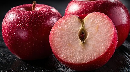  Red apples with one halved, showing juicy texture and freshness, presenting a vibrant, nutritious,...