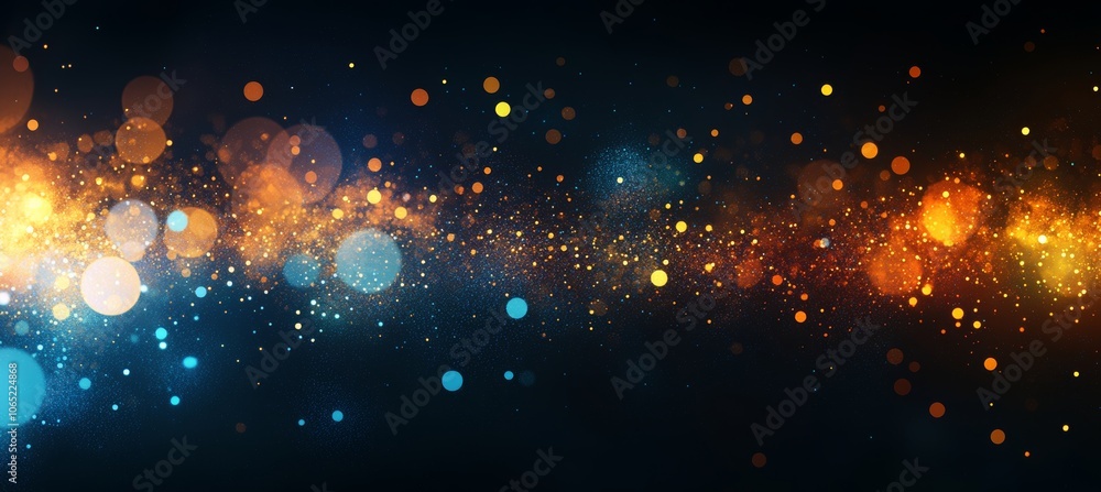 Poster abstract festive background with bokeh lights, orange and blue sparkles on dark backdrop.