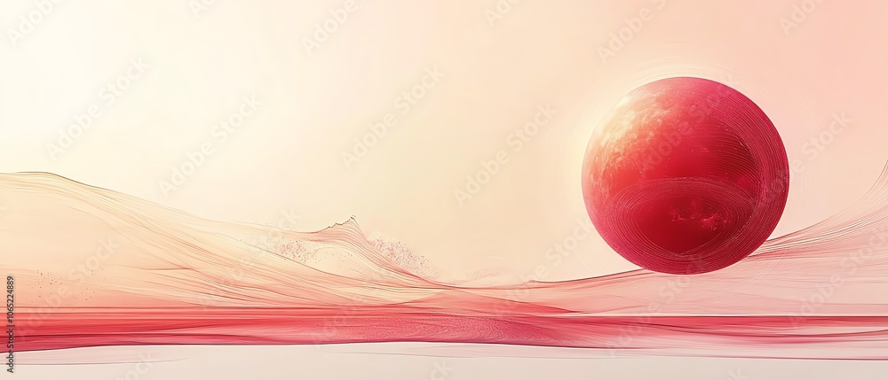 Poster abstract minimalistic design featuring a red and pink sphere, orbiting lines, modern space drawing c