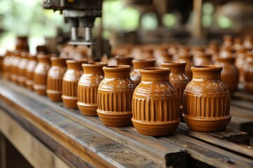 Fototapeta premium Rows of Shiny Brown Ceramic Vases on a Wooden Conveyor Belt
