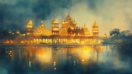 Fototapeta premium Beautifully illuminated temple reflecting on water under a misty sky, showcasing grandeur, spirituality, and architectural artistry in a serene setting.
