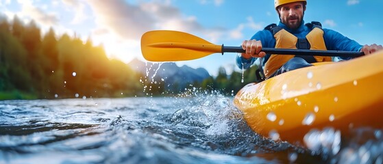 Fototapeta premium Kayaker Leaping Over Turbulent Whitewater Rapids in Mid Air Extreme Adventure
