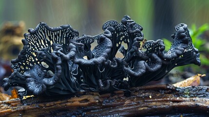 Close-up of black fungus growing intricately on a forest log, showcasing the natural beauty and detailed texture of the fungus in a serene woodland setting.