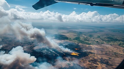 Aerial view of military aircraft releasing bombs on distant target, smoke and fire erupting from ground, intense action amidst cloudy sky.