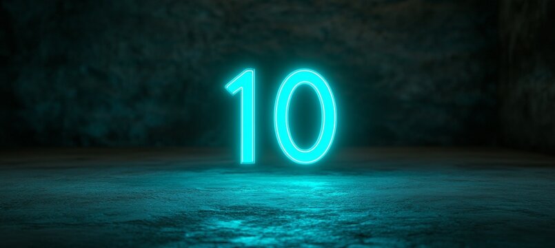 Glowing Neon Number 10 on Dark Grunge Concrete Wall with Reflection, Countdown Concept