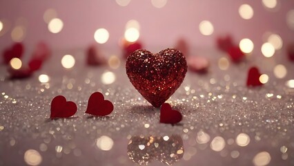 Obraz premium Happy valentine's day abstract bokeh background with red heart , copy space magic mini heart bokeh glitter with blinking love background 