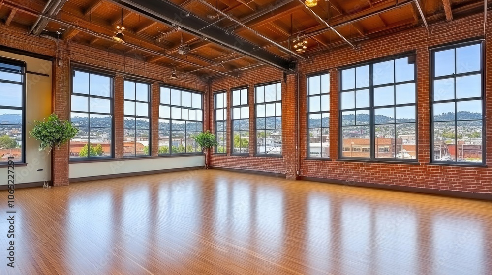 Poster bright open space with large windows and urban views
