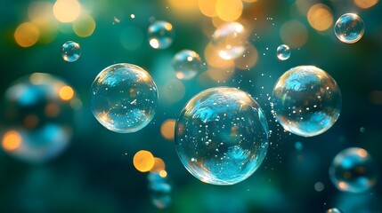 Naklejka premium Floating water bubbles with crystal-clear soap spheres on a light blue background, featuring macro photography, bokeh effect, transparent textures, and dreamy aqua tones.