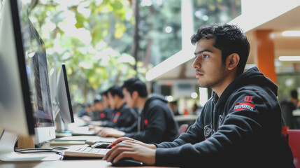 Obraz premium An Asian software engineer is focused on his computer in a modern office surrounded by programmers.