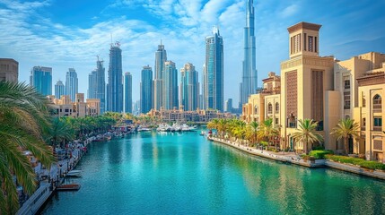 Fototapeta premium View of Dubai Creek Harbour district with open sky for messages