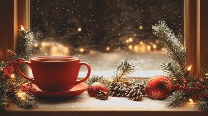 A cup of tea stands on the window with a Christmas landscape with space for text.