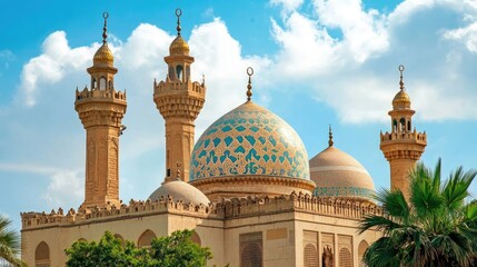 Obraz premium View of mosque domes and towers, blue sky for Islamic culture themes