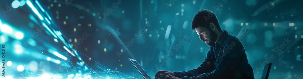 Poster A man works on a laptop in a dimly lit room with a futuristic digital interface, showcasing technology, innovation, and advanced computing. Concepts include tech, cyber, coding, and hightech