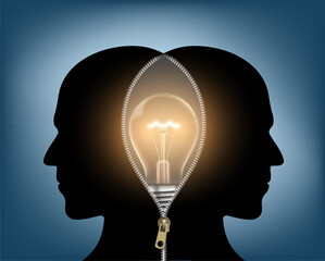 Silhouettes of two human heads with a light bulb between them. Stock vector illustration