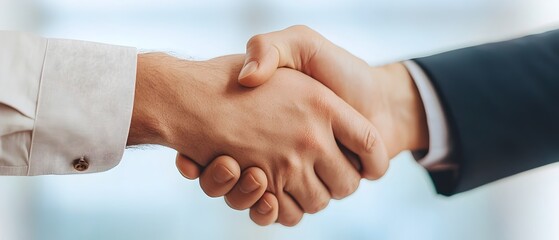 Obraz premium Two businessmen shaking hands in a corporate office setting with large windows overlooking the city skyline representing a successful merger or agreement