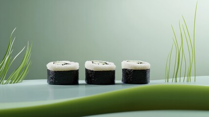 Stylized sushi rolls with rice and seaweed on a minimalist background, inspired by Japanese cuisine