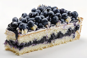 Kawałek puszystego ciasta biszkoptowego z kremem, ozdobiony dużą ilością świeżych bor&oacute;wek i polany sosem jagodowym.