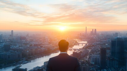 Businessman Gazing at Sunrise Over Cityscape