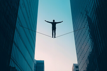 Fototapeta premium Entrepreneur Balancing on Tightrope Between Skyscrapers