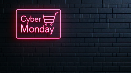 Fototapeta premium Cyber Monday neon shopping cart sign on black brick wall