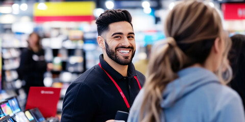 "Smiling store employee interacting with customers in retail setting."..
