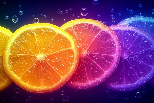 Glowing neon lemon slices illuminated against a dark background with bubbles creating a vibrant and refreshing atmosphere - Powered by Adobe