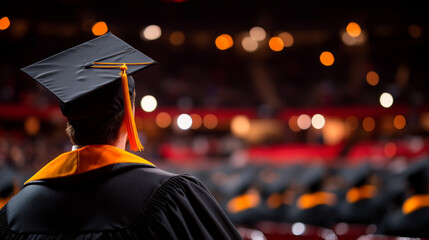 Graduation ceremony with focus on graduate wearing cap and gown, showcasing excitement and anticipation of this significant milestone. blurred background highlights celebratory atmosphere