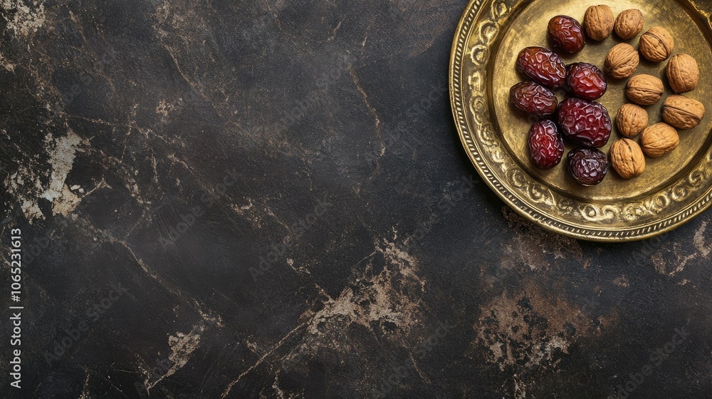 Poster a brass tray of dates and nuts for guests copy space