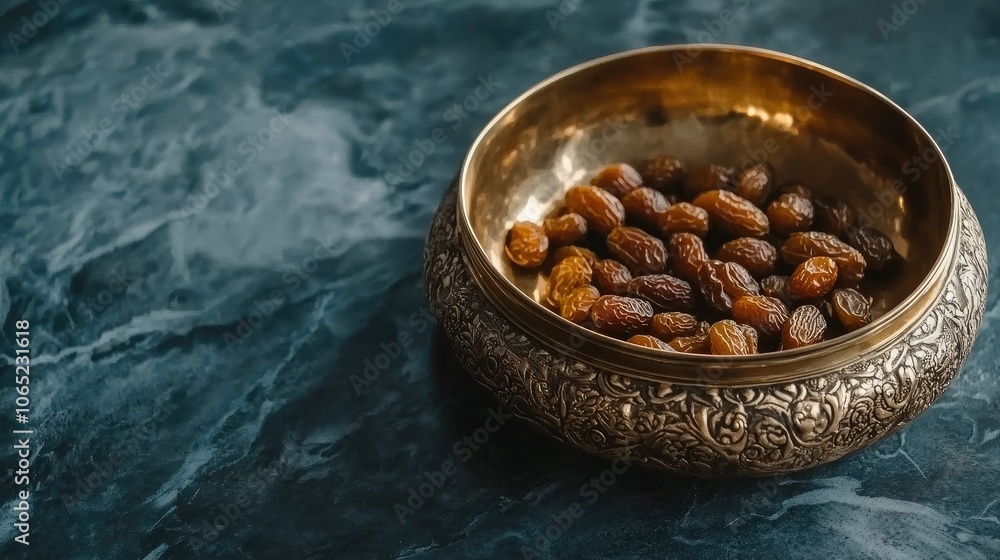 Poster a brass tray of dates and nuts for guests copy space