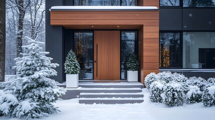 Modern house entrance in winter featuring a wooden front door with glass panels, heavy snow-covered steps, minimalist architecture, evergreen planters, and a frosted landscape.