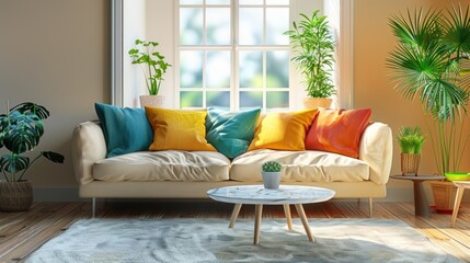 A stylish living room with a spacious sofa, colorful pillows, elegant furniture, and a marble coffee table, complemented by indoor plants and a large window.