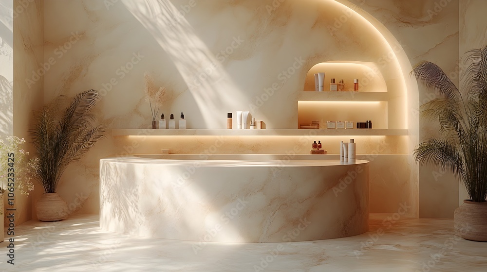 Poster elegant marble podium designed for showcasing cosmetic items in a modern minimalist setting with sub