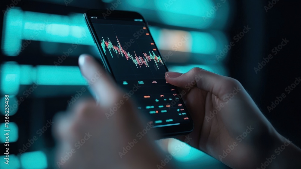 Poster close-up of a hand holding a smartphone displaying a stock market chart, highlighting mobile trading