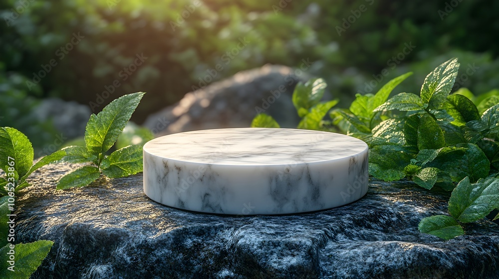 Aufkleber elegant marble podium in a compact size placed in a lush natural setting with softly blurred green l