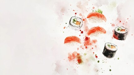 Watercolor of sushi roll ingredients floating on a subtle background, inspired by Japanese art