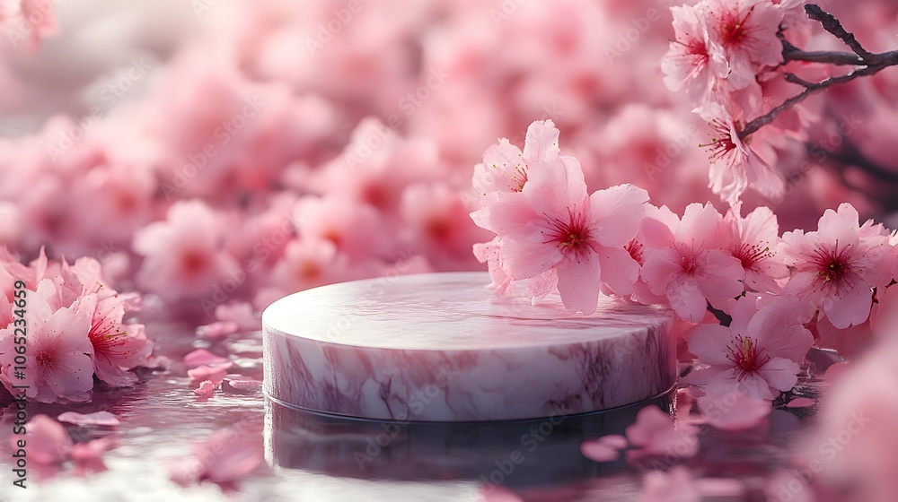 Aufkleber a small marble podium for displaying cosmetic products surrounded by delicate blooming sakura branch
