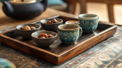 Antique wooden tray holding tea cups and date bowls. Copy space