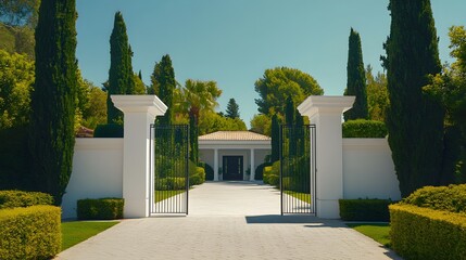 Fototapeta premium Elegant white residential gate at a contemporary house entrance, featuring automatic sliding gates, clean lines, luxury security design, landscaped garden, and architectural photography.