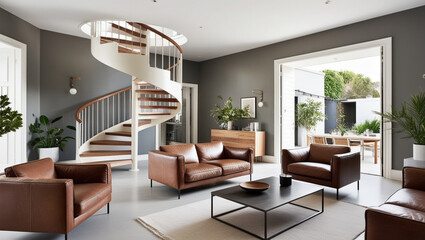 Elegant Open Living Room with Spiral Staircase, Leather Sofas, and Modern Decor in Natural Light