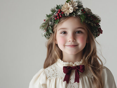 Beautiful cute little girl on white background, girl holiday atmosphere, Christmas beauty wallpaper