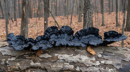 Close-up of black fungus growing intricately on a forest log, showcasing the natural beauty and detailed texture of the fungus in a serene woodland setting.