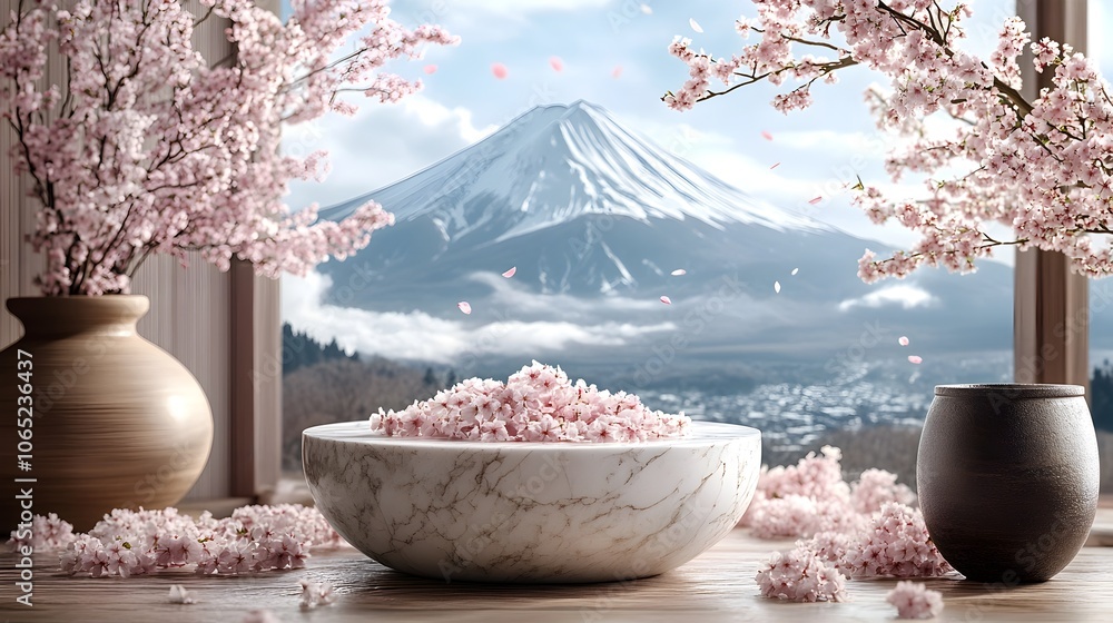 Poster elegant marble podium with delicate sakura petals set against the tranquil backdrop of mount fuji cr