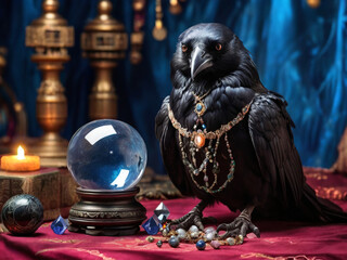 animal bird crow fortune teller with crystal magic ball AI generated 