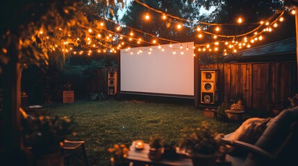 Outdoor movie screen at dusk decorated with string lights, featuring an empty white projection screen, backyard cinema setup, evening atmosphere, and cinematic garden entertainment.