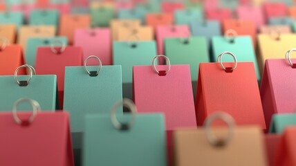 Obraz premium A vibrant array of colorful tags arranged in a repeating pattern, showcasing textures and shades in red, pink, and turquoise.