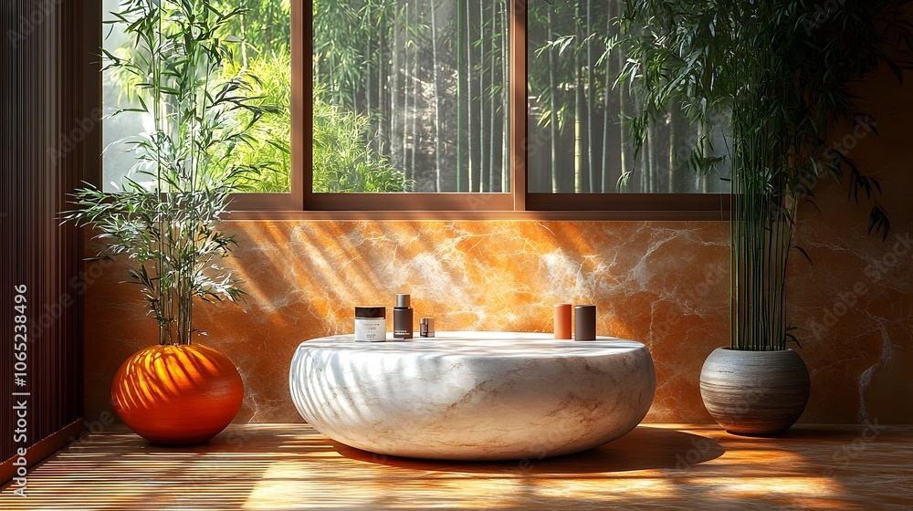 Poster marble podium for cosmetic product display set amidst bamboo stalks with tranquil natural sunlight p
