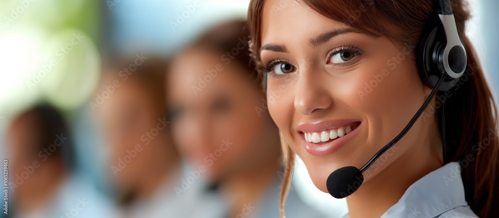 Poster in a modern call center, a professional and friendly woman customer service representative wears a h