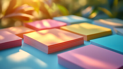 Fototapeta premium Sticky notes in soft pastel colors arranged on a classroom desk, with gentle studio lighting creating warm shadows